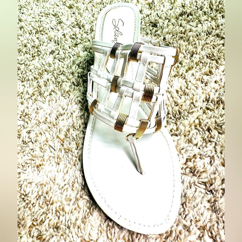 Solanz Women White with Embroidery Gold Clips Design Platform Slip on Sandals 9